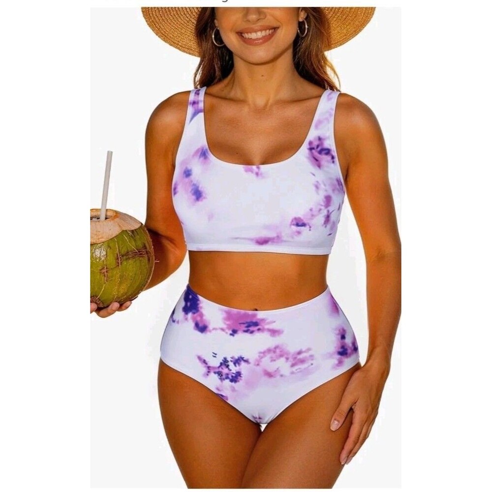 New Adisputent Purple Tie Dye High Waist Bikini Halter Top Bathing Suit Sz M